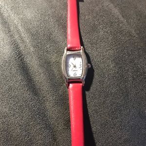 Silver watch/red band/mother of pearl face